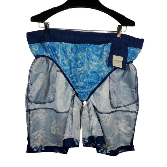 Caribbean Swimwear Board Shorts Navy Blue Colorblock Hawaiian Pin Up Floral - Picture 4 of 7